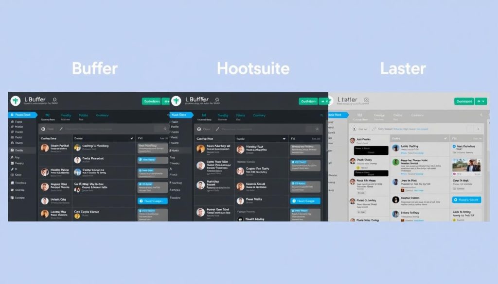 Side-by-side comparison of Buffer, Hootsuite, and Later social media scheduling tools interfaces