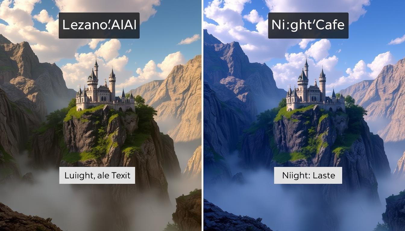 Side-by-side comparison of Leonardo.AI vs NightCafe image quality showing the difference in detail and resolution