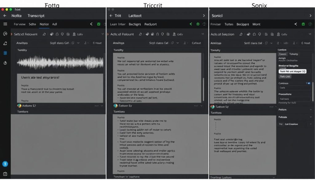 Side-by-side comparison of Notta, Trint, and Sonix user interfaces Side-by-side comparison of Notta, Trint, and Sonix user interfaces