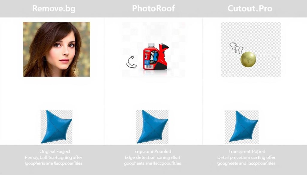 Side-by-side comparison of the same images processed by all three background removal tools Side-by-side comparison of the same images processed by all three background removal tools