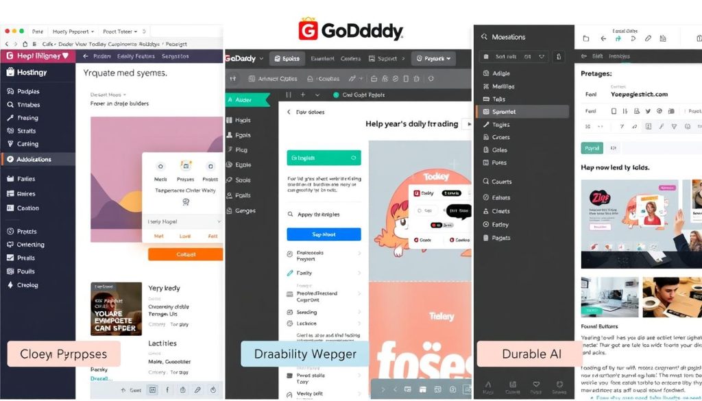 Side-by-side comparison of the user interfaces for Hostinger, GoDaddy, and Durable AI website builders