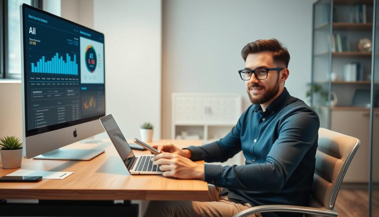 Small business owner using AI tools on laptop and smartphone