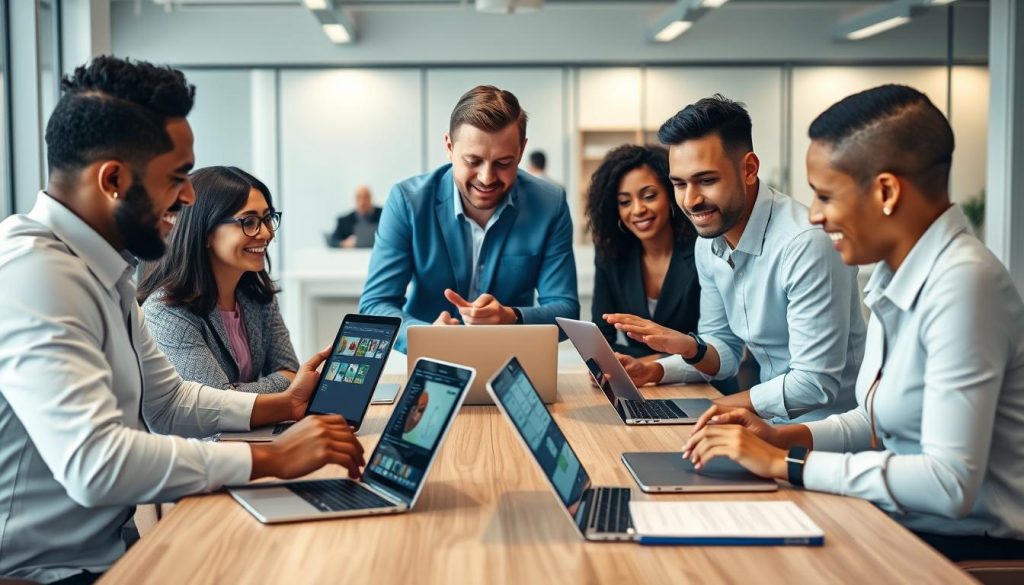 Small business team collaborating with AI tools