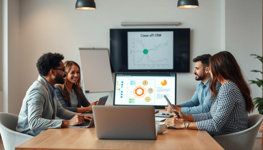 Small business team meeting discussing HubSpot CRM implementation