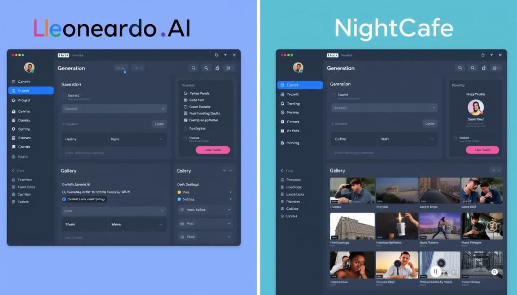 Split screen showing Leonardo.AI vs NightCafe user interfaces side by side
