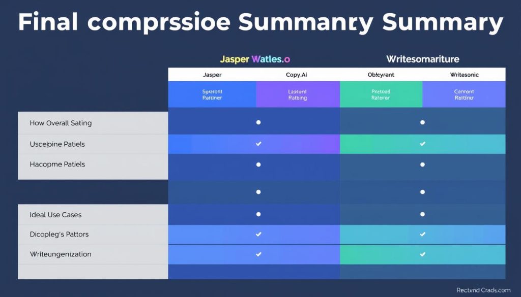 Summary comparison of Jasper vs Copy.ai vs Writesonic showing their overall ratings and best features