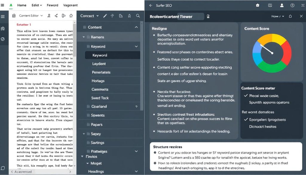 Surfer SEO Content Editor showing keyword recommendations and content score
