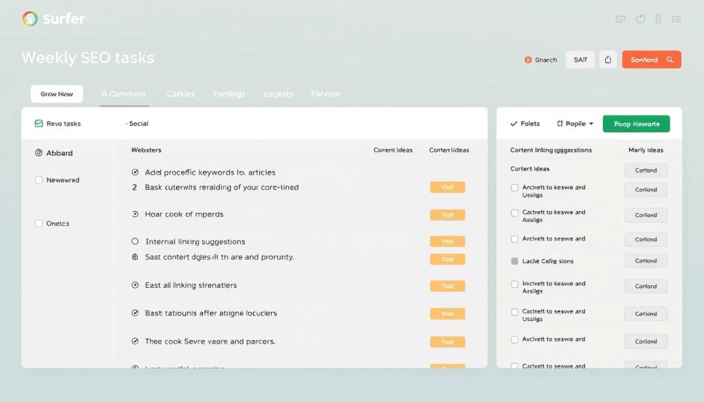 Surfer SEO Grow Flow showing weekly SEO tasks and recommendations