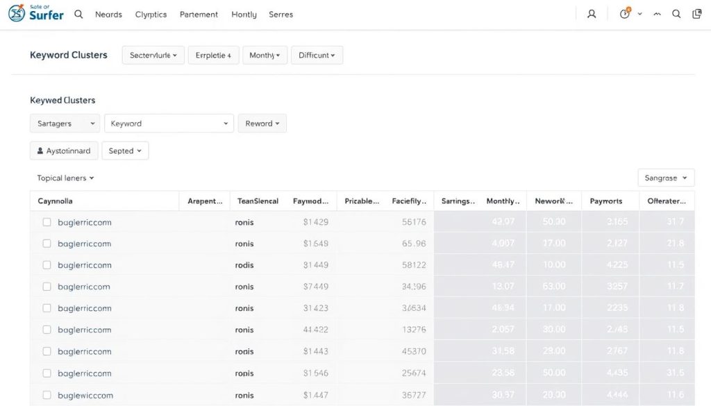 Surfer SEO Keyword Research tool showing keyword clusters and search volumes