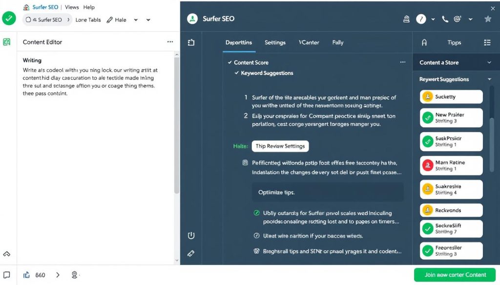 Surfer SEO interface showing content editor with SEO optimization features Surfer SEO interface showing content editor with SEO optimization features