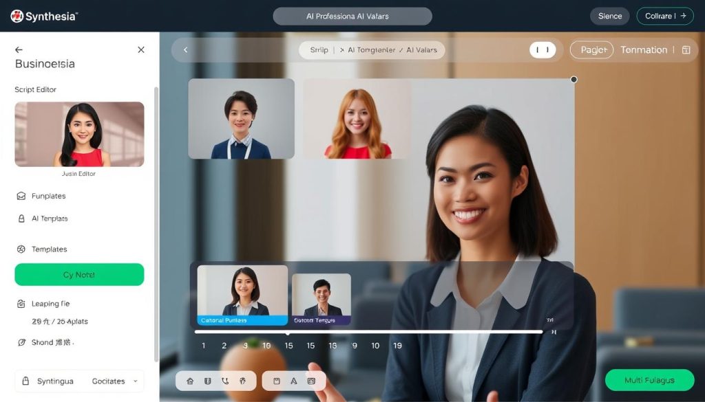 Synthesia platform interface showing business video creation with AI avatars