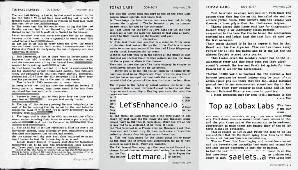 Text document enhancement comparison between LetsEnhance.io and Topaz Labs