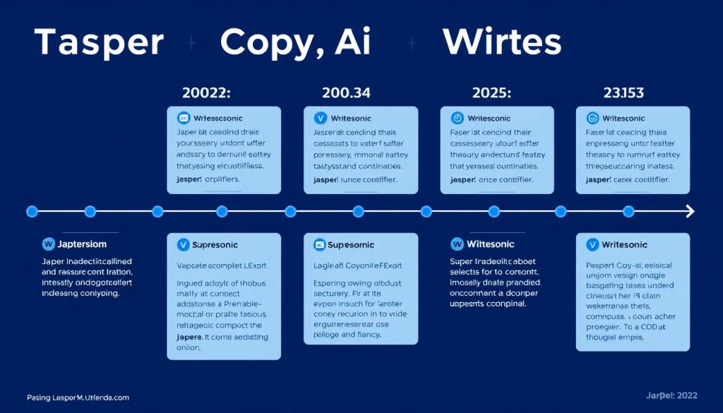 Timeline showing the evolution of Jasper vs Copy.ai vs Writesonic from 2023 to 2025 with key feature updates