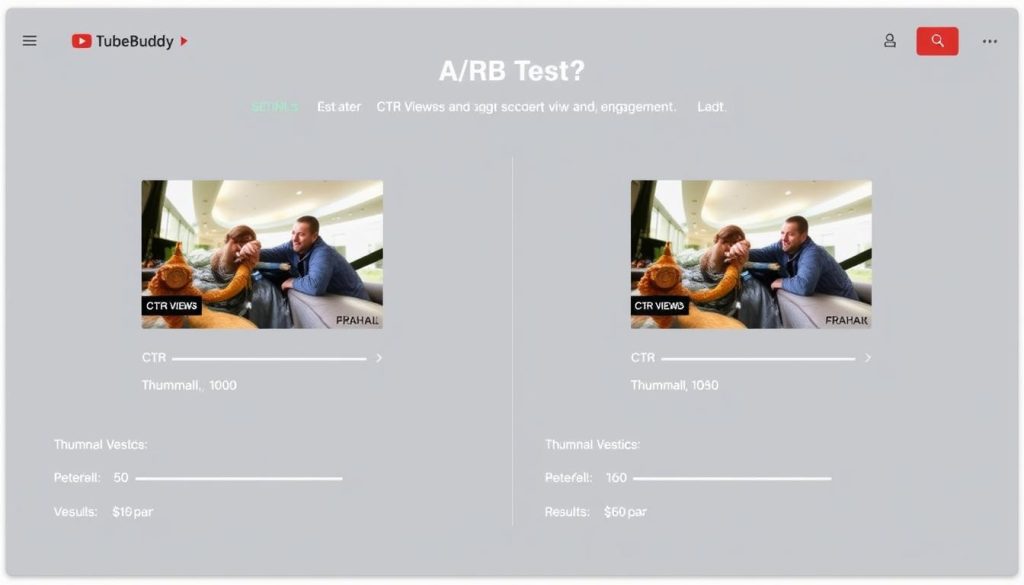 TubeBuddy's A/B testing interface showing thumbnail comparison test with performance metrics
