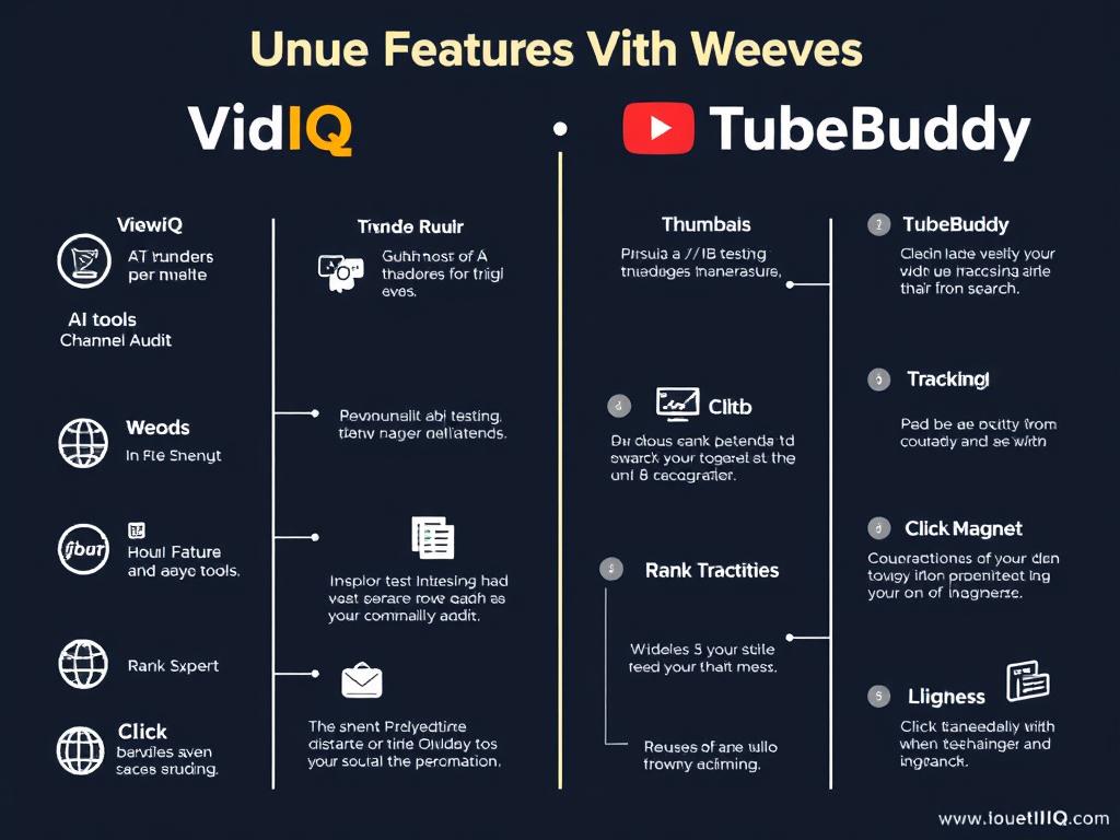 Unique features of VidIQ and TubeBuddy displayed in a visual comparison