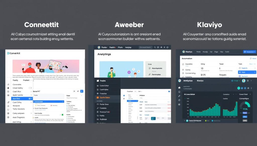 User interfaces of ConvertKit, AWeber, and Klaviyo showing AI customization options