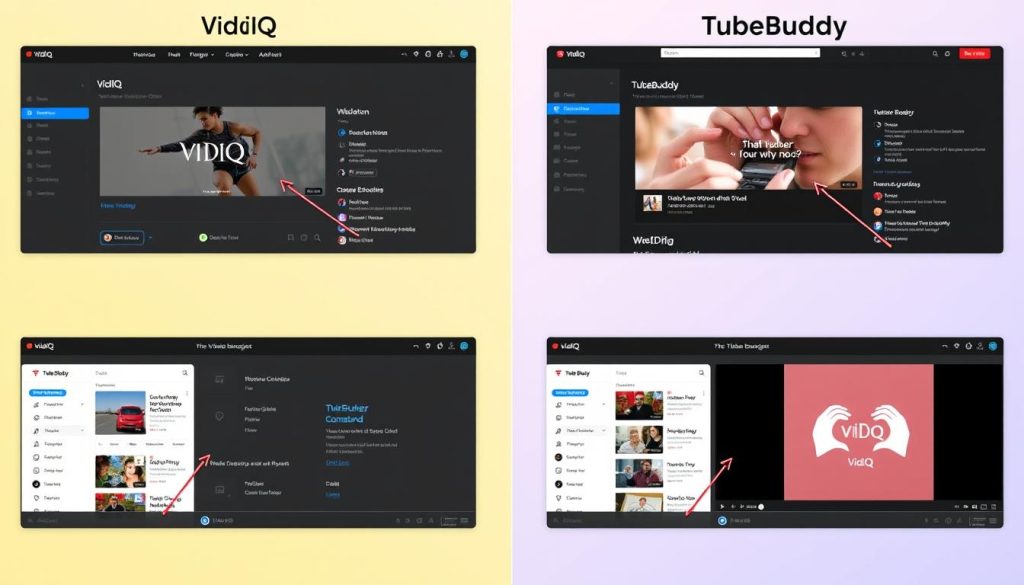 User interfaces of VidIQ and TubeBuddy showing dashboard layouts and key features