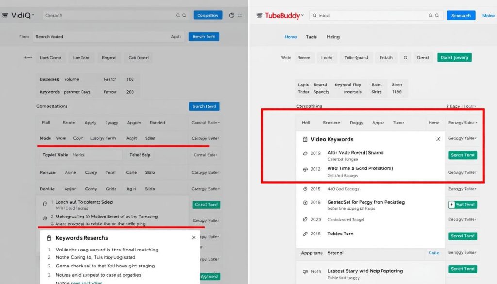 VidIQ and TubeBuddy keyword research interfaces side by side showing search volume and competition data