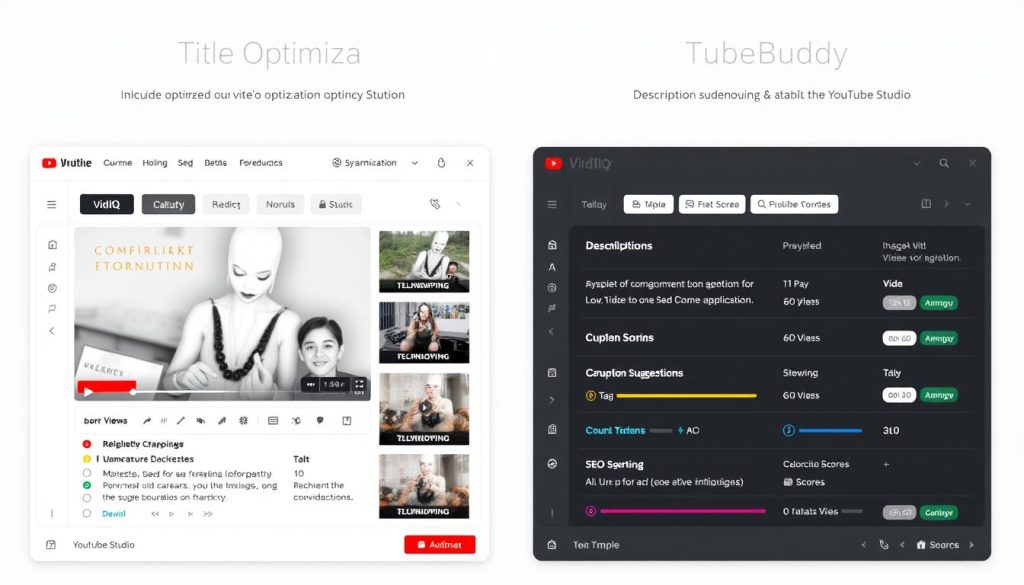 Video optimization interface showing title, description, and tag optimization in both VidIQ and TubeBuddy