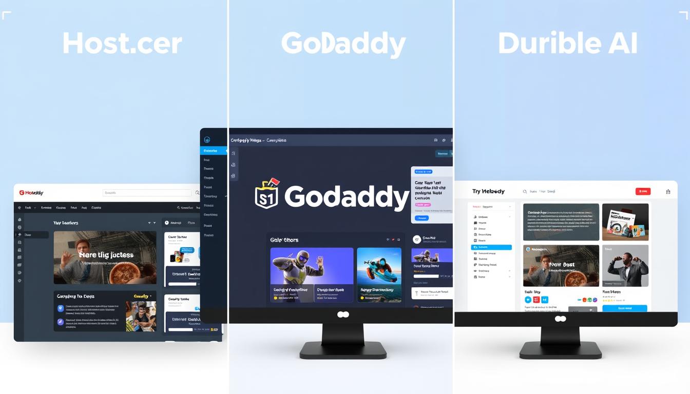 Visual comparison of Hostinger, GoDaddy, and Durable AI website builders showing their interfaces side by side