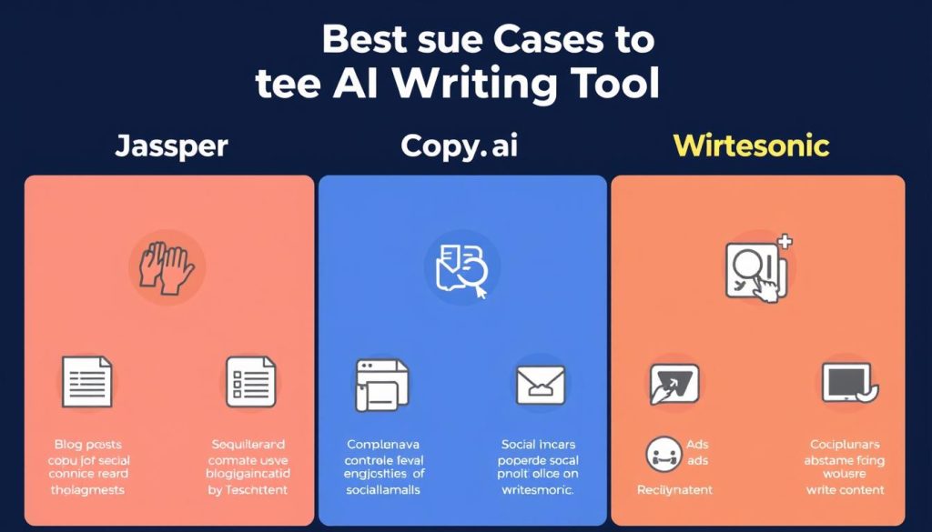 Visual representation of different use cases for Jasper, Copy.ai, and Writesonic showing their ideal applications