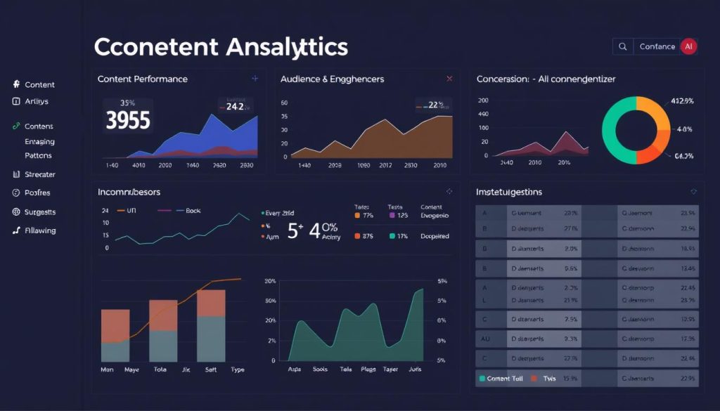 AI content analytics dashboard showing performance metrics, engagement patterns, and optimization recommendations AI content analytics dashboard showing performance metrics, engagement patterns, and optimization recommendations