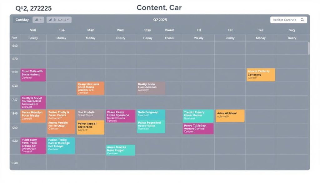 AI-generated content calendar showing topic clusters, publishing schedule, and content types for Q2 2025 AI-generated content calendar showing topic clusters, publishing schedule, and content types for Q2 2025
