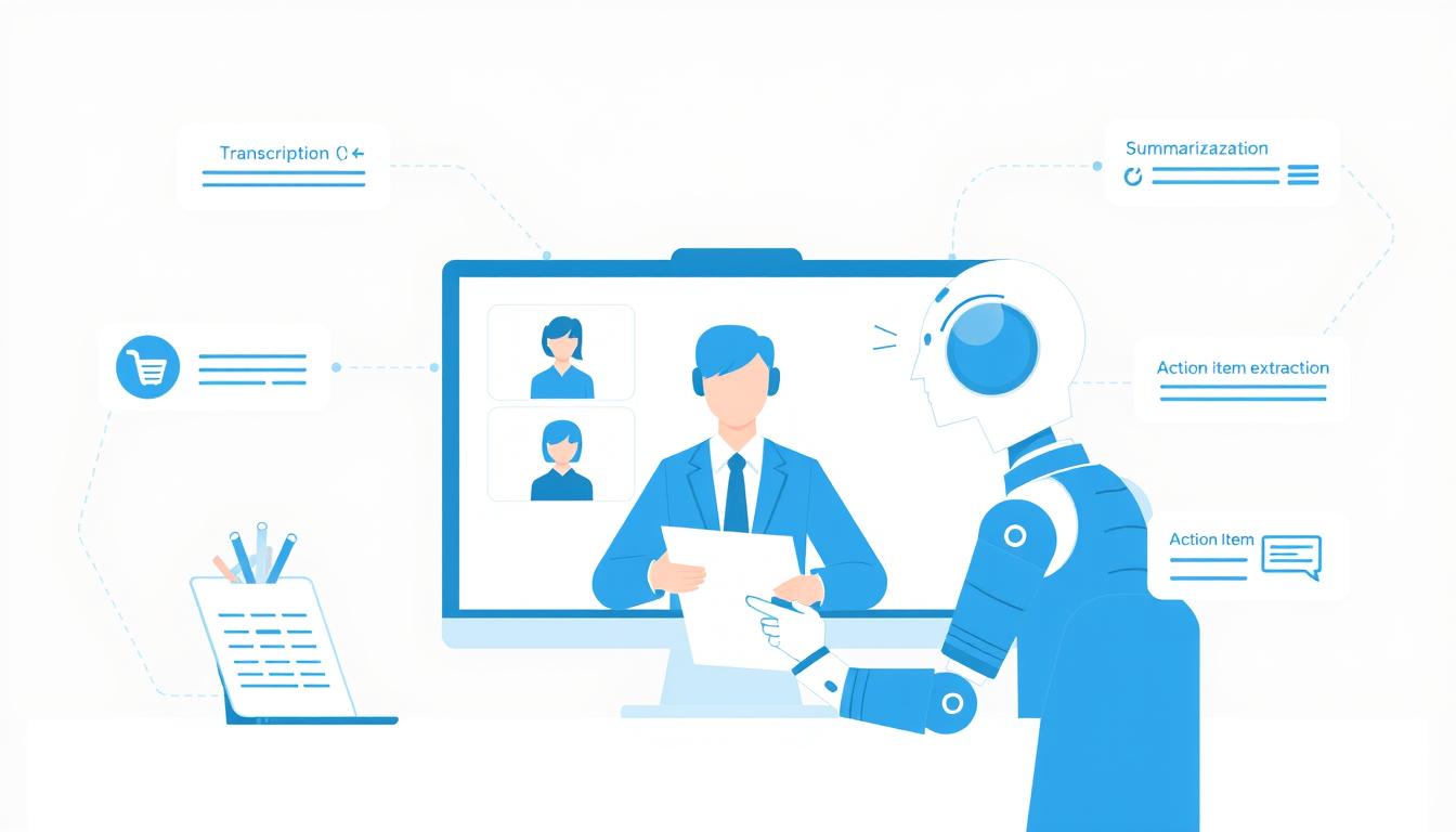 AI meeting assistant concept showing a digital assistant taking notes during a video conference with AI meeting assistants comparison