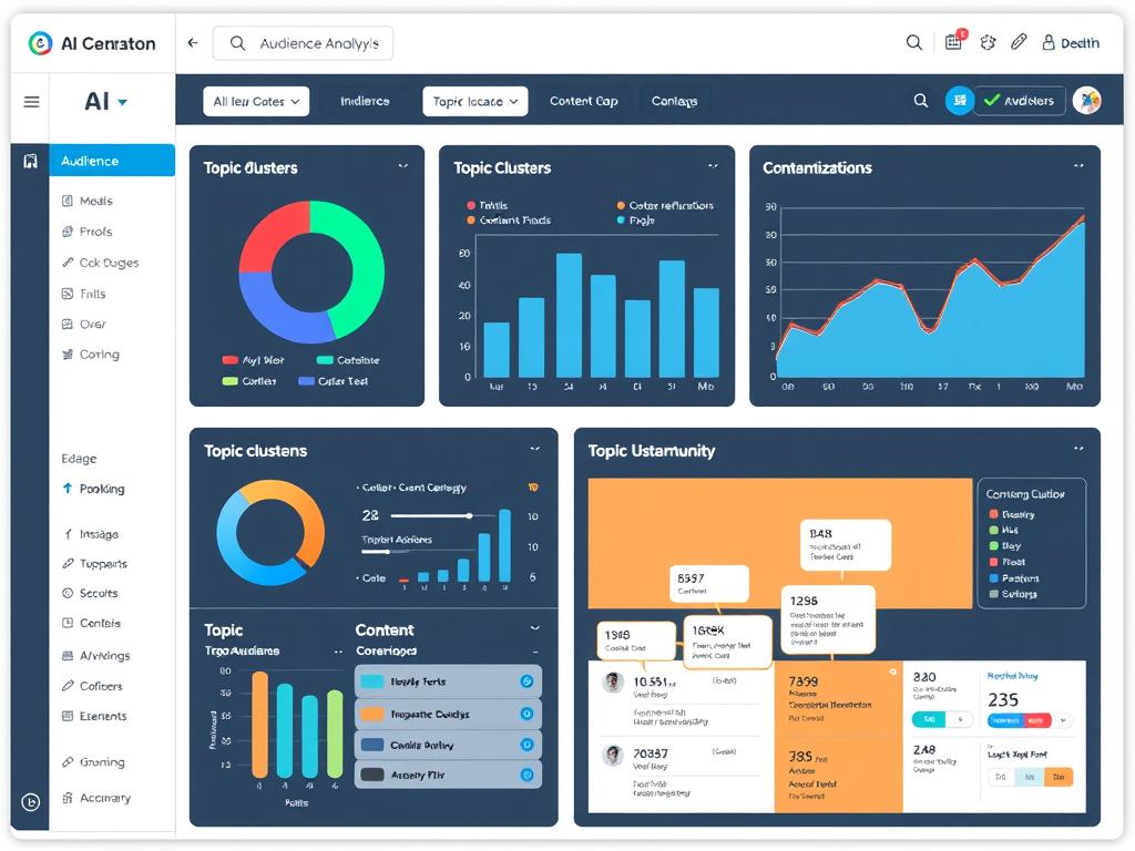 AI-powered content planning dashboard showing audience analysis, topic clusters, and content gap visualization AI-powered content planning dashboard showing audience analysis, topic clusters, and content gap visualization