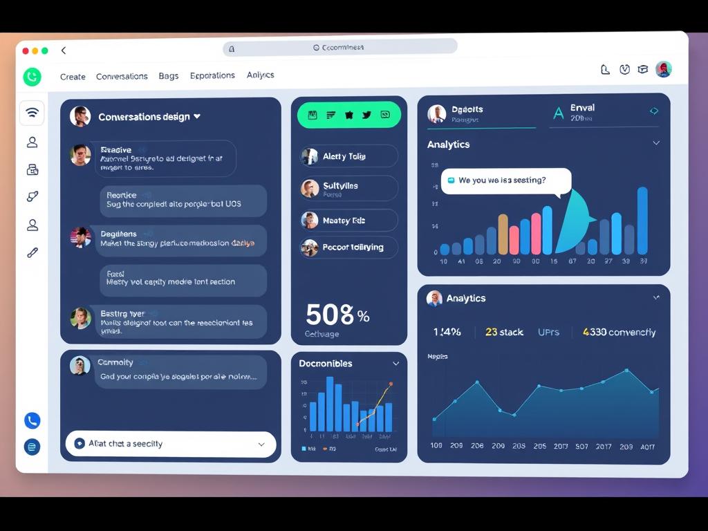 Ada AI chatbot platform showing conversation design and analytics dashboard