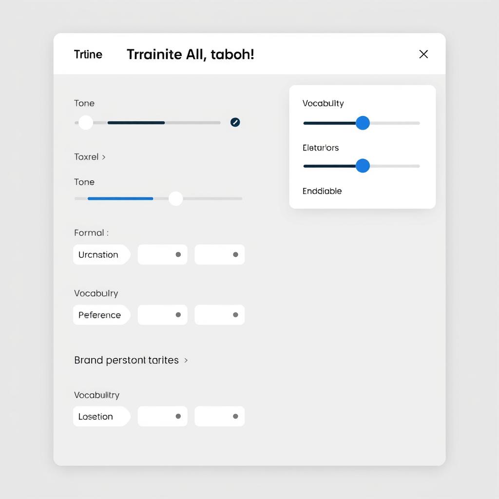 Brand voice training interface for AI content tools showing tone, style, and vocabulary settings Brand voice training interface for AI content tools showing tone, style, and vocabulary settings