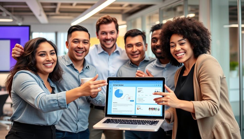 Business team successfully implementing an AI chatbot solution