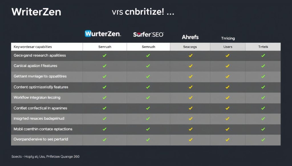 Comparison chart of WriterZen versus SurferSEO, Semrush, and Ahrefs Comparison chart of WriterZen versus SurferSEO, Semrush, and Ahrefs