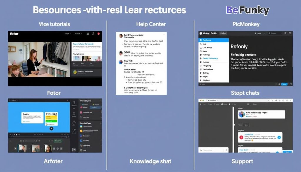 Comparison of learning resources and support options across the three platforms showing AI photo editing tools comparison Comparison of learning resources and support options across the three platforms showing AI photo editing tools comparison