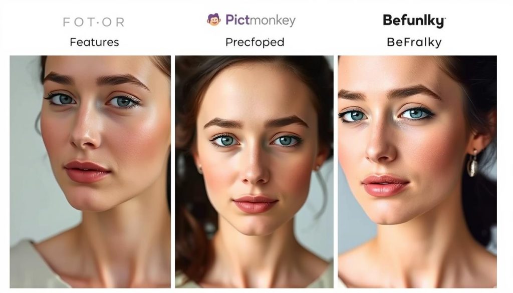 Comparison of portrait enhancement results showing skin smoothing and feature enhancement from each platform and AI photo editing tools comparison Comparison of portrait enhancement results showing skin smoothing and feature enhancement from each platform and AI photo editing tools comparison
