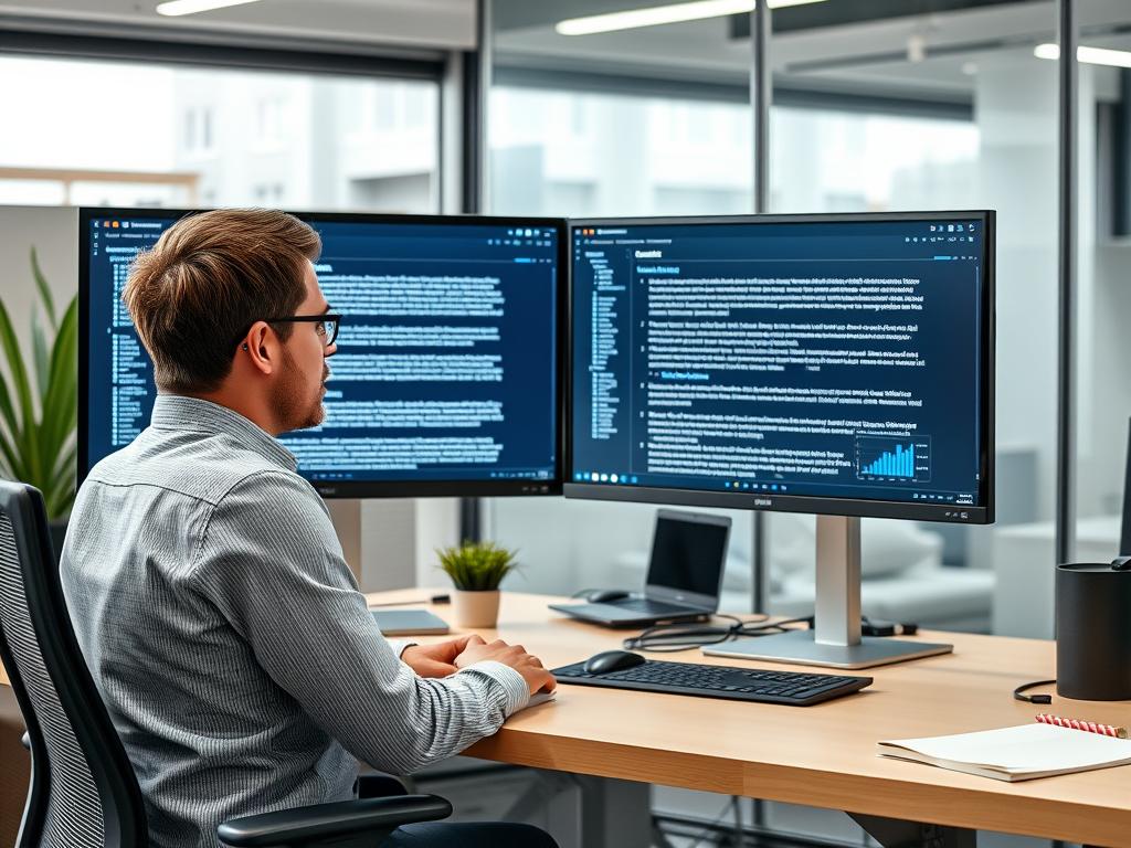 Content manager reviewing both AI-generated and human-written content on multiple screens