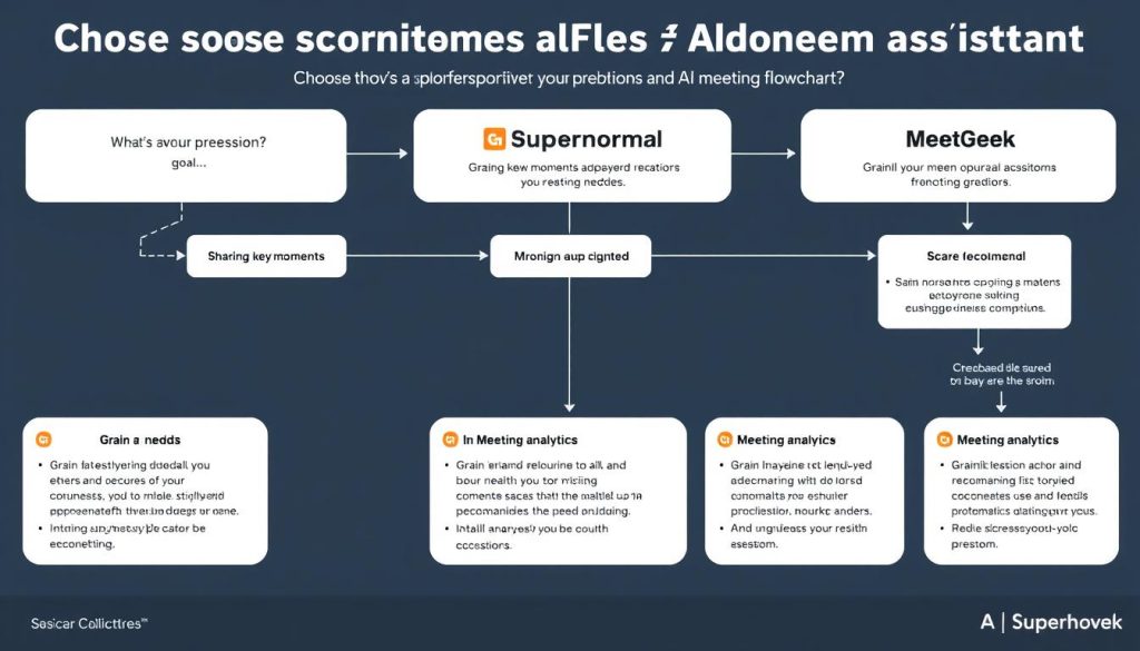 Decision flowchart for choosing between Grain, Supernormal, and MeetGeek based on team needs in AI meeting assistants comparison