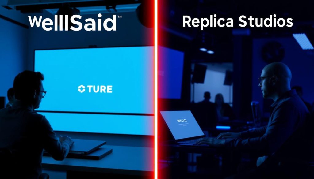 Different use cases for WellSaid Labs vs Replica Studios showing corporate and creative applications