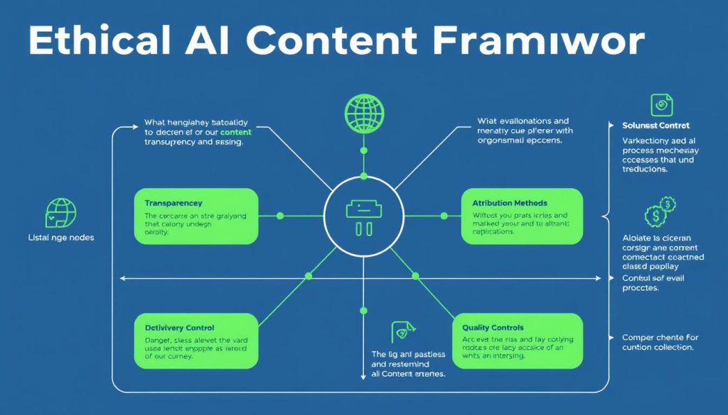Ethical AI content framework showing transparency, attribution, and quality control processes Ethical AI content framework showing transparency, attribution, and quality control processes