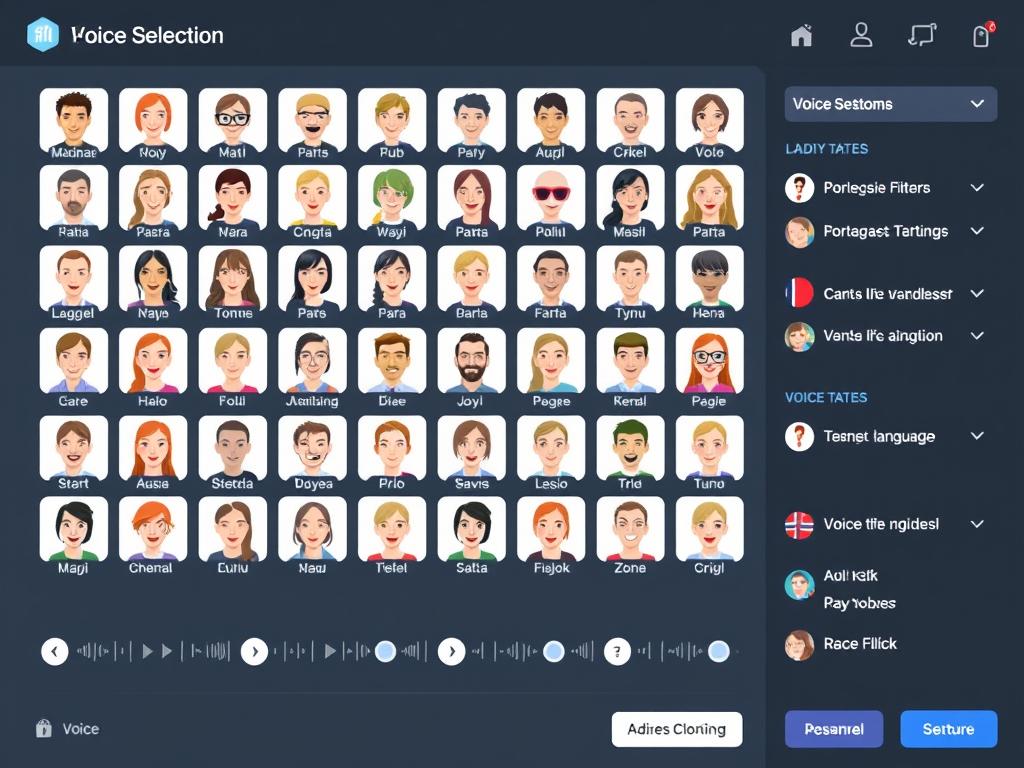 Fliki's voice selection interface showing multiple language options and voice cloning feature