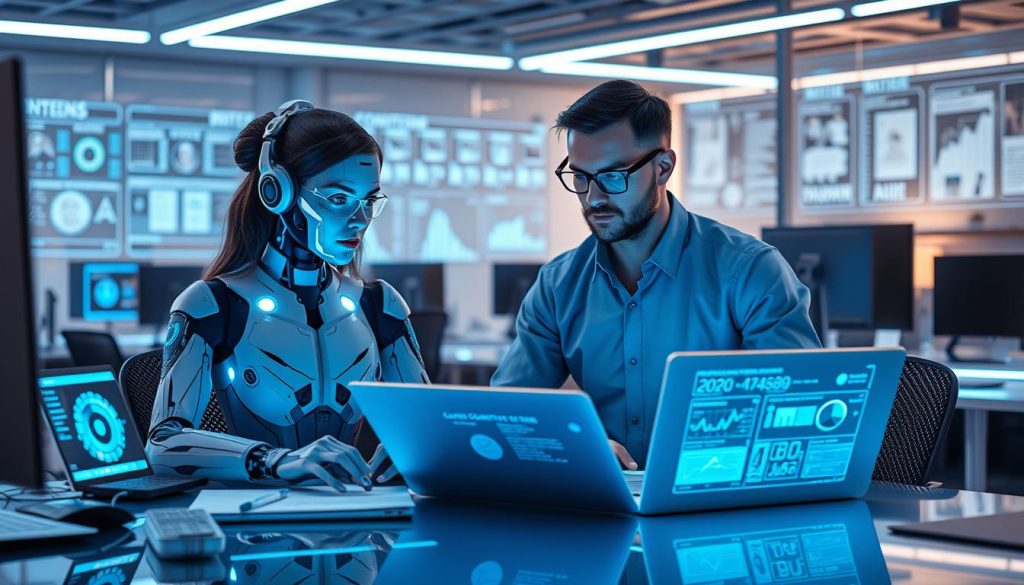 Futuristic content creation workspace with AI assistants and human writers