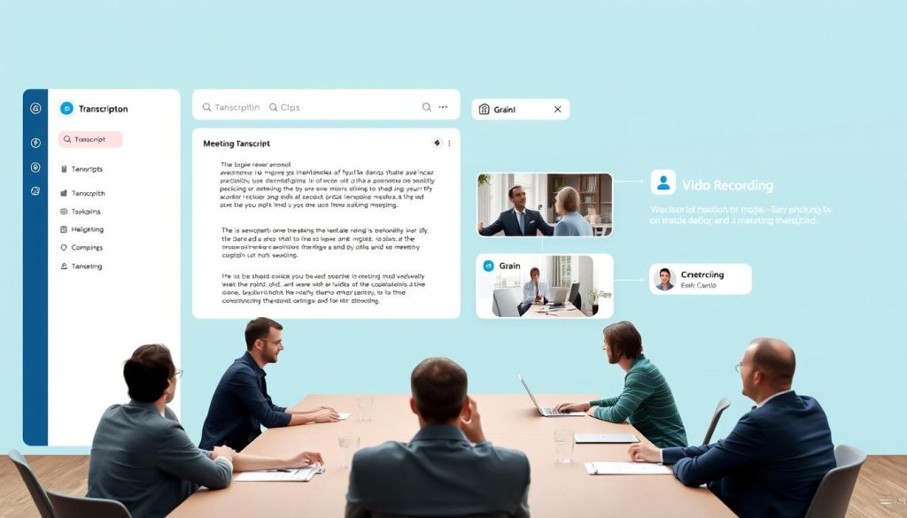 Grain AI meeting assistant interface showing transcription and highlight features with AI meeting assistants comparison
