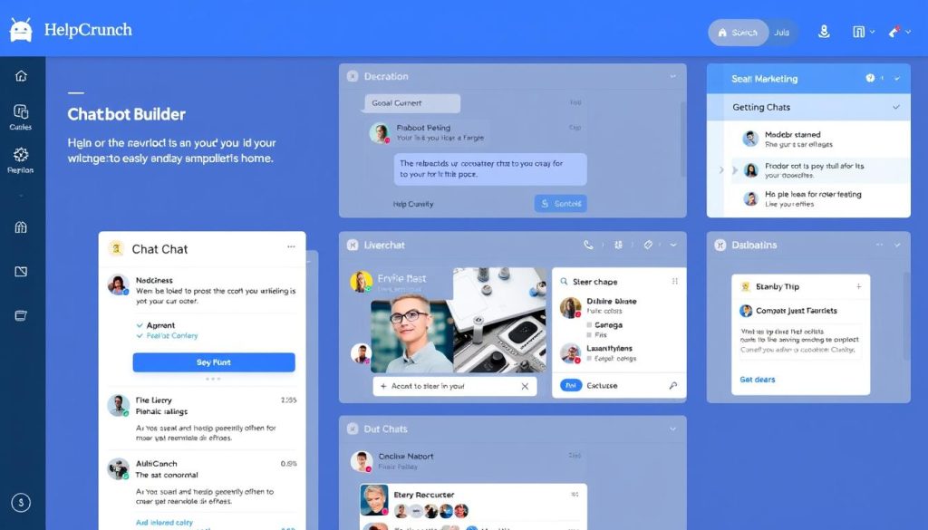 HelpCrunch platform showing the chatbot builder, live chat, and email marketing features