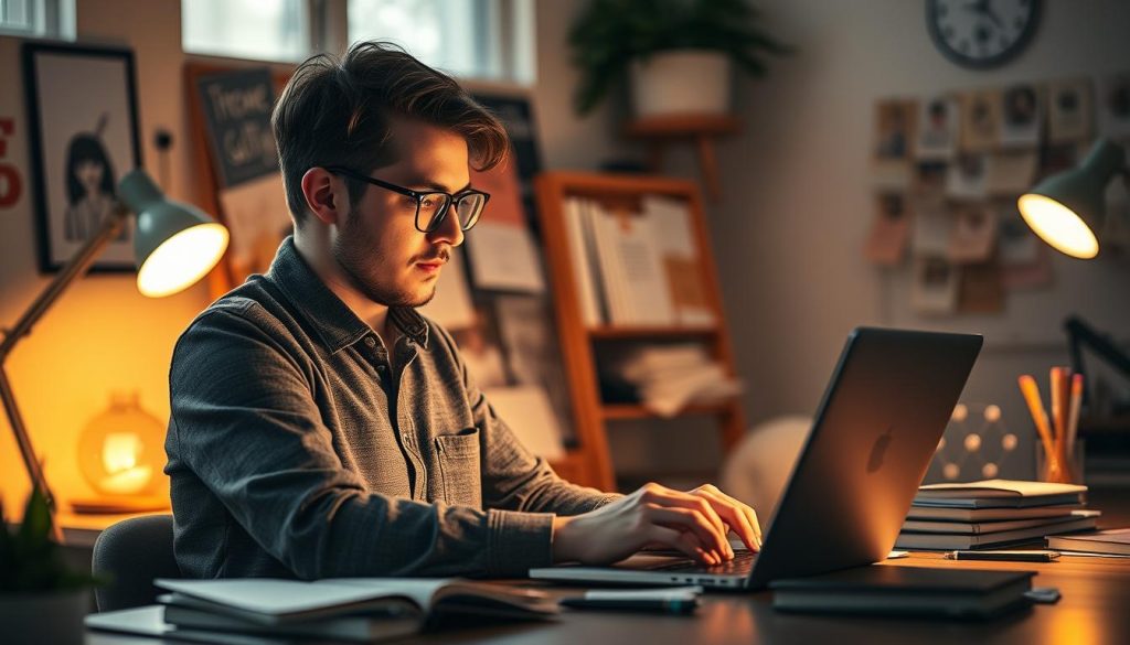 Human writer crafting an emotional brand story in a creative workspace