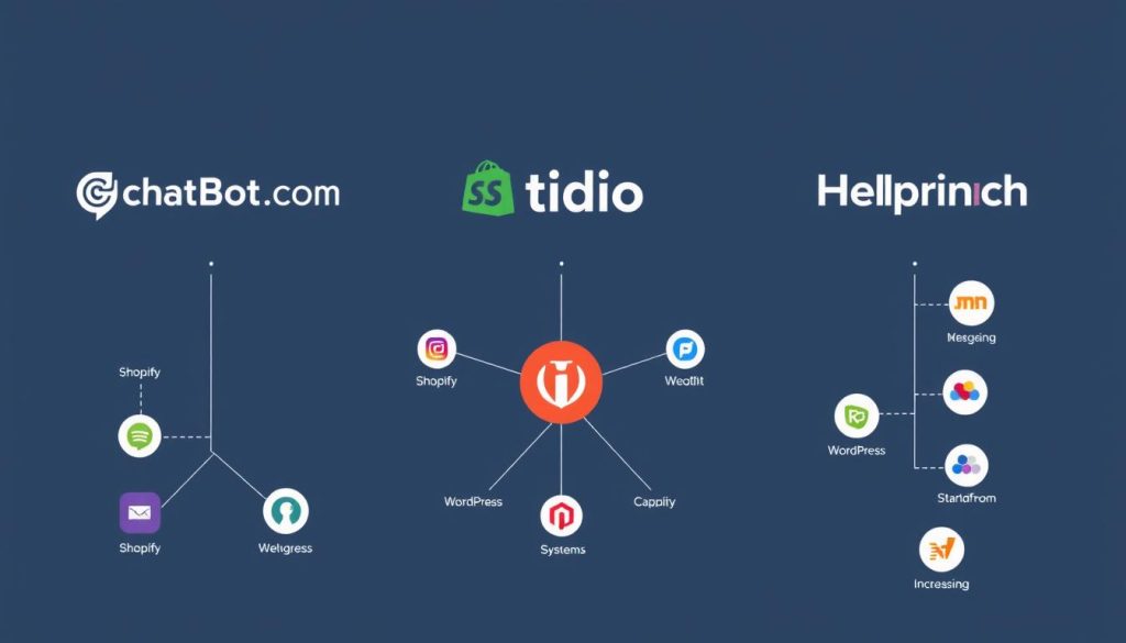 Integration capabilities of ChatBot.com, Tidio, and HelpCrunch with various platforms