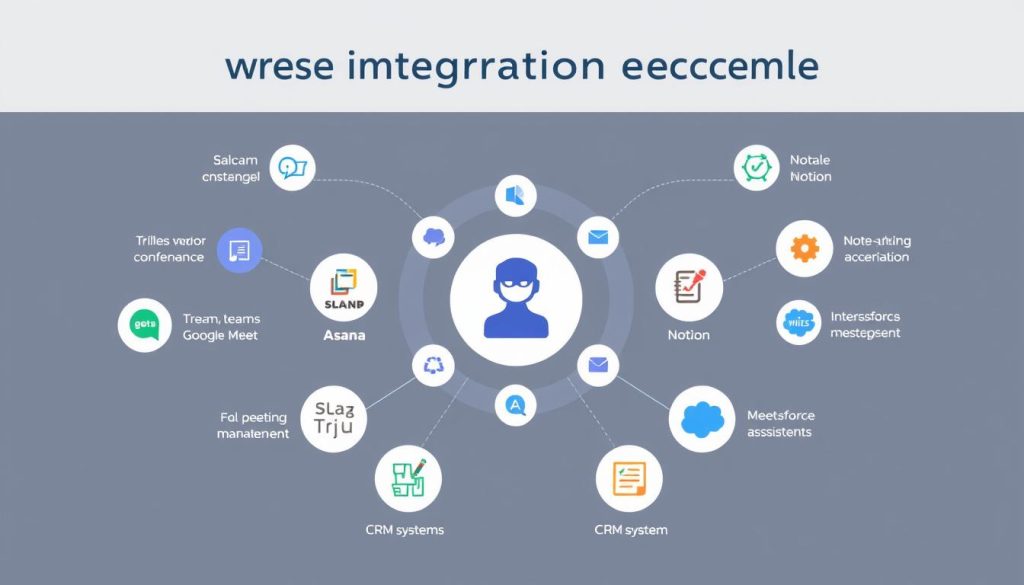 Integration ecosystem diagram showing how Grain, Supernormal, and MeetGeek connect with other workplace tools in AI meeting assistants comparison