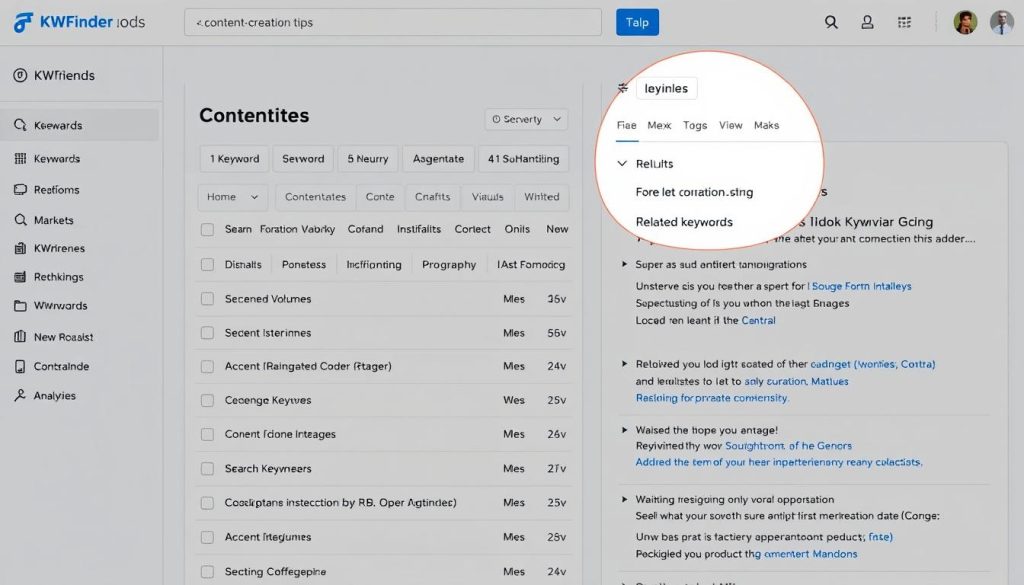 KWFinder interface showing keyword research for content creators with search volume and difficulty metrics