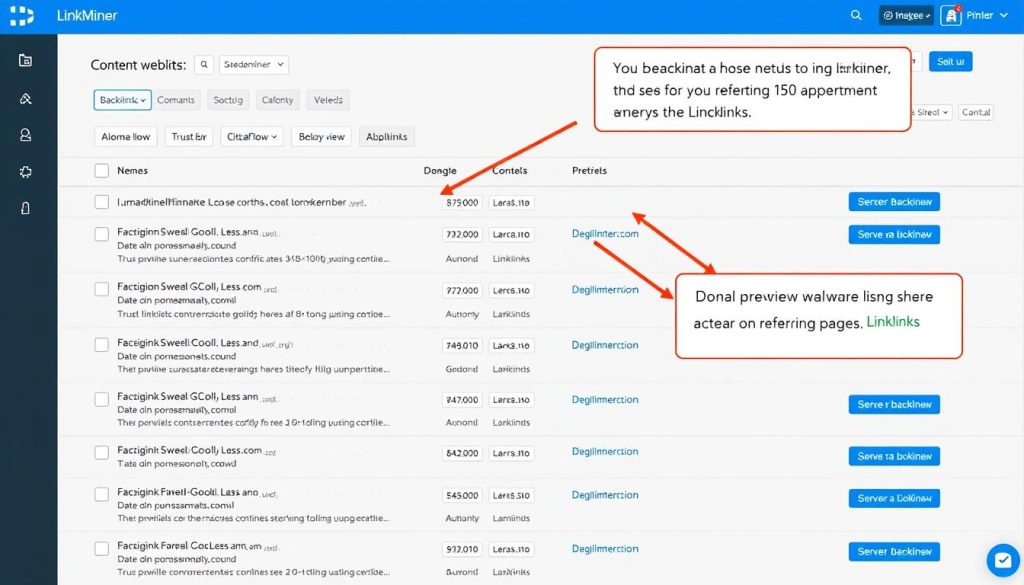 LinkMiner interface showing backlink analysis for a content website