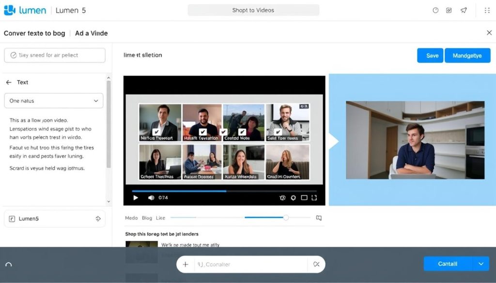 Lumen5 interface showing blog-to-video conversion process with media recommendation engine