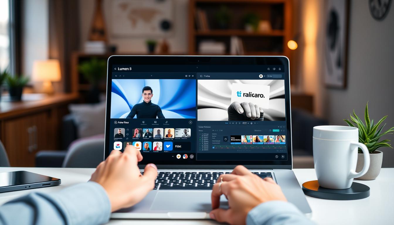 Person creating social media video content on laptop showing Lumen5 vs Fliki vs Wave.video interfaces